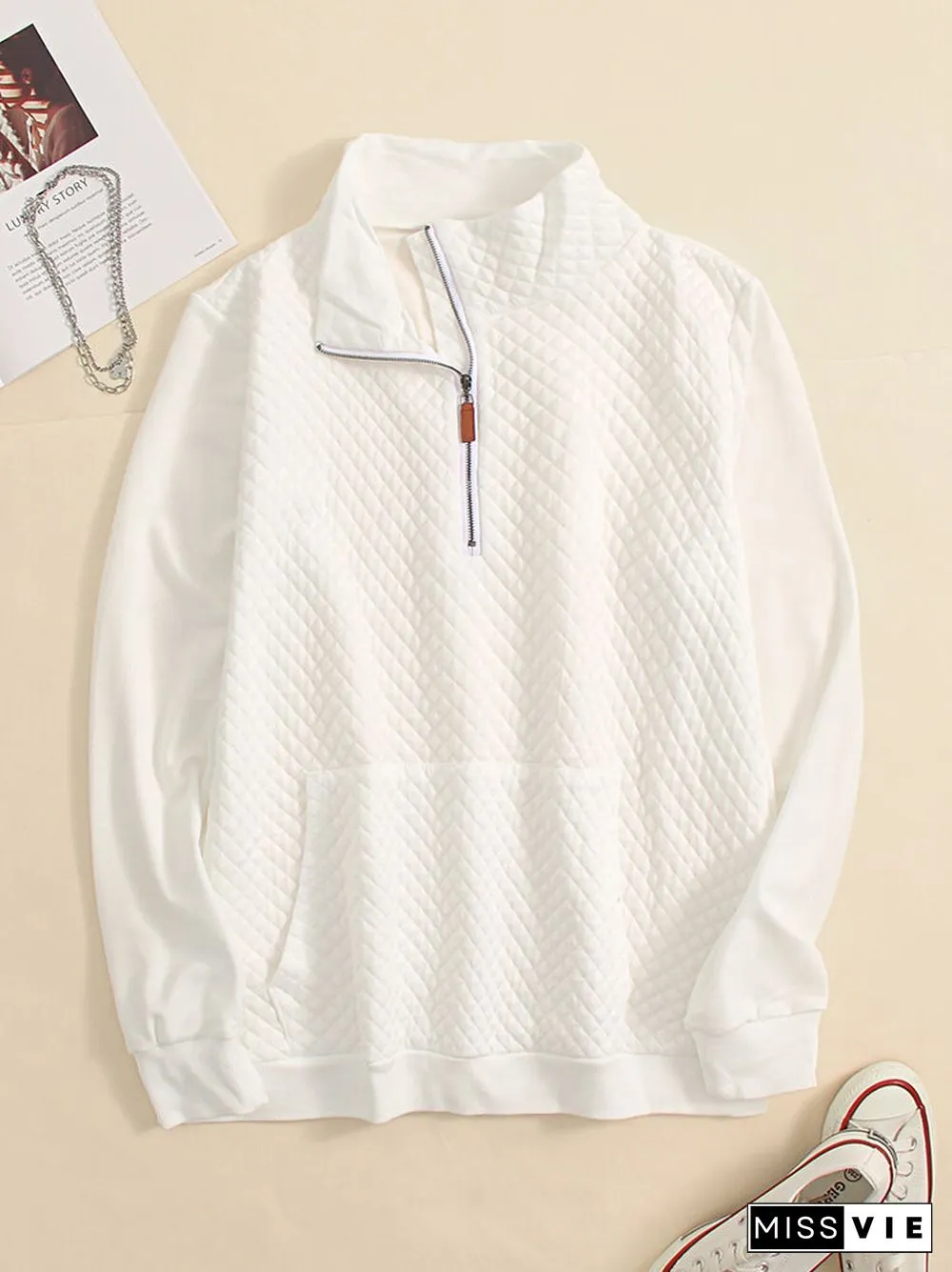 Solid Zip Front Pocket Long Sleeve Lapel Women Sweatshirt