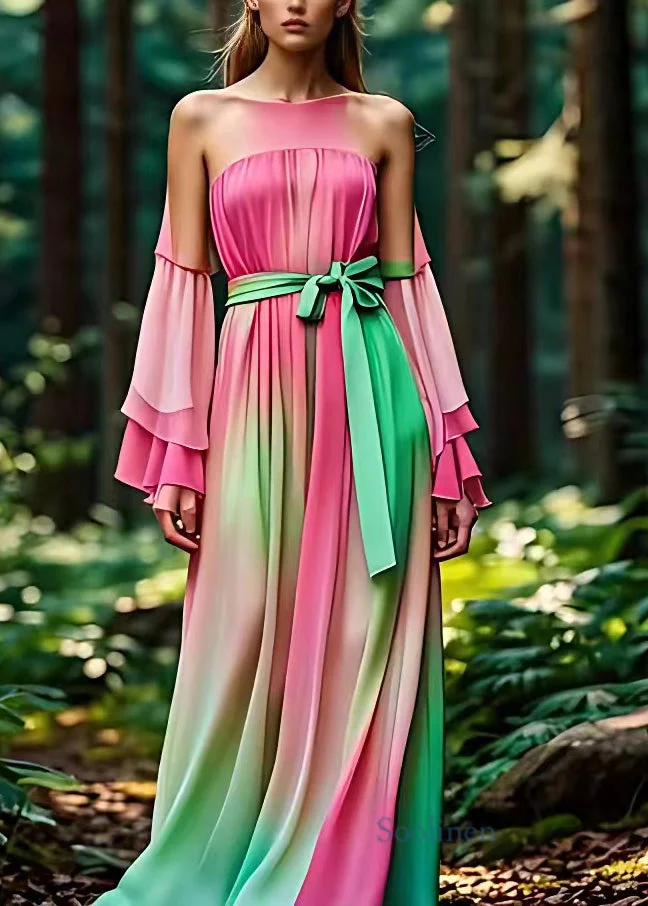 Pre sale - shipping in 30 days/Art Rainbow Cold Shoulder Patchwork Silk Maxi Dress Long Sleeve
