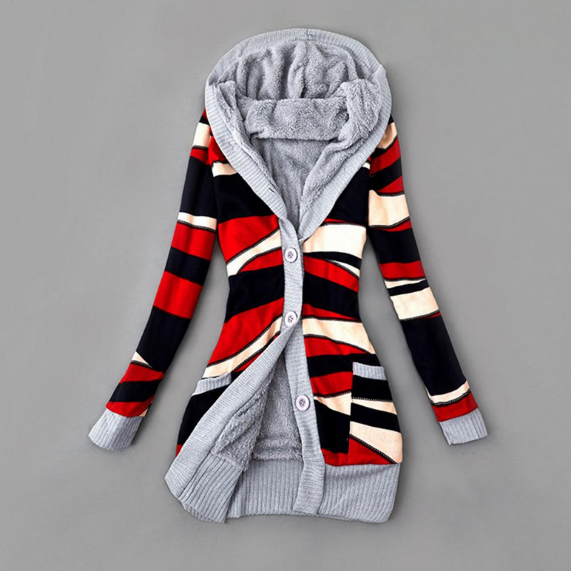 Women's Sweater Striped Print Long Sleeve Hooded Plush Cardigan Jacket