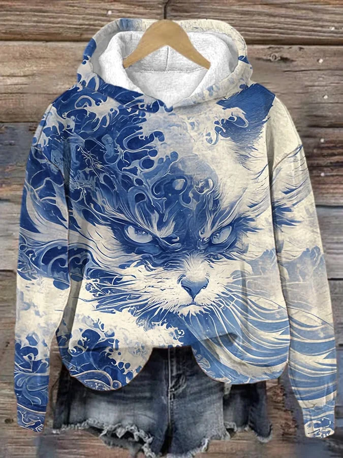 Women's Blue Waves&Cats Print Casual Hoodie
