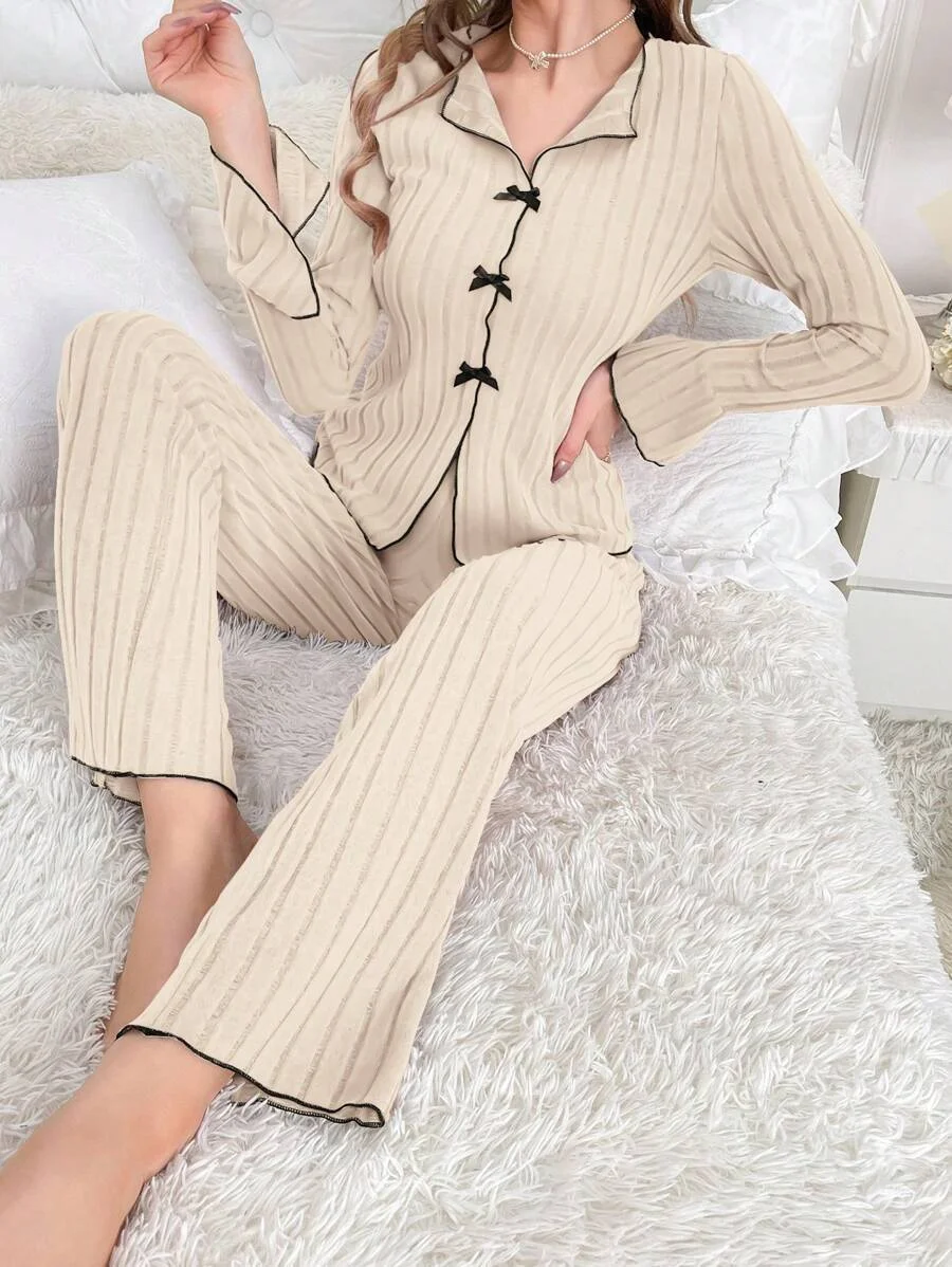 Uveng Pajamas Women Simple Fashion Collar Casual Bow Long Sleeve Trousers Homewear Suit Women