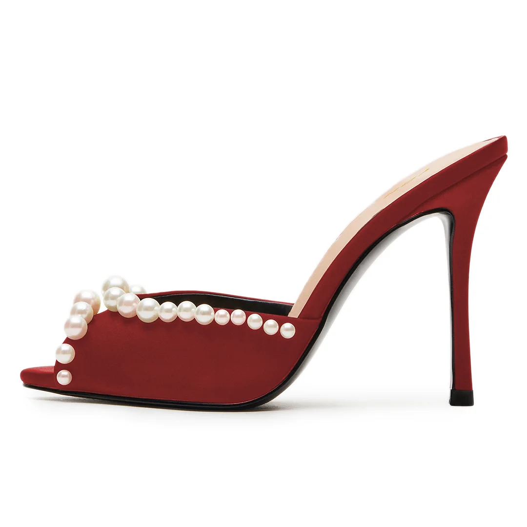 Satin Sophisticated Pearl Embellished Stiletto Heel Mules in Maroon