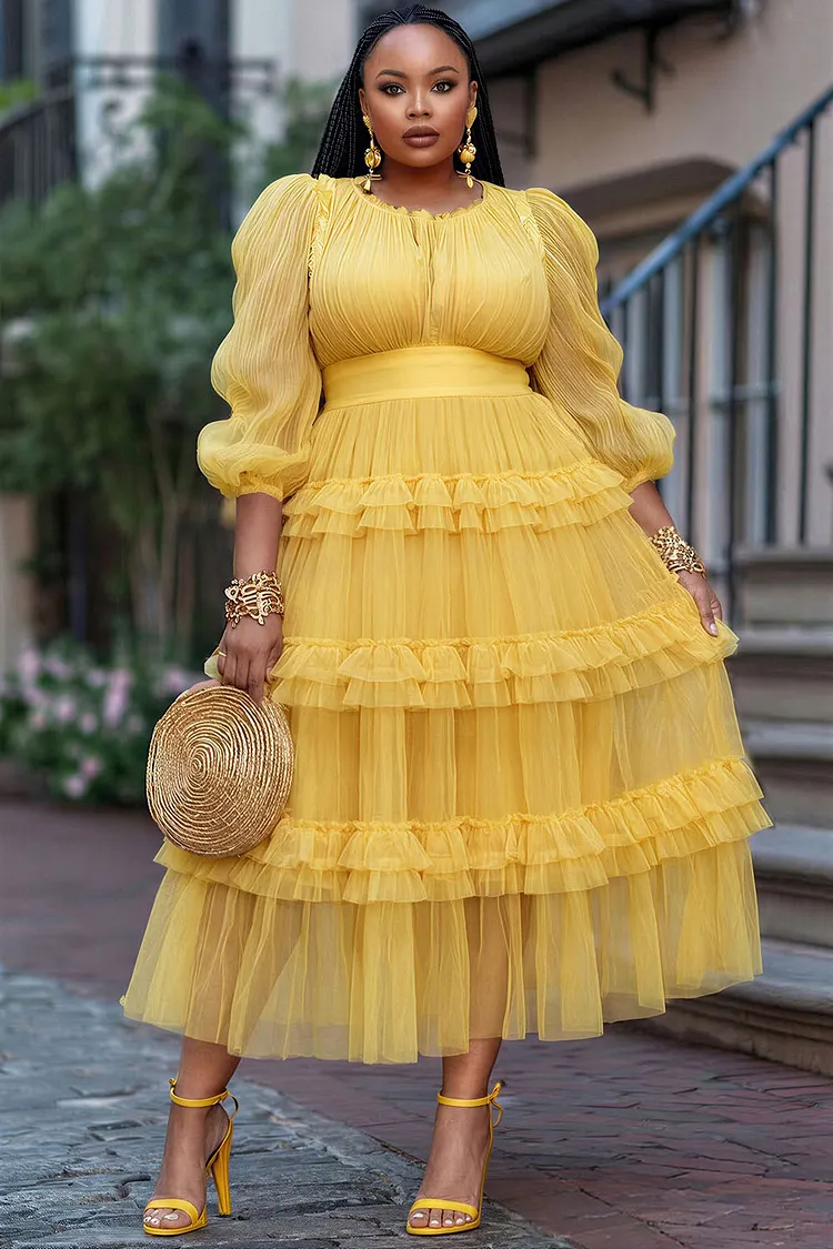 Xpluswear Design Plus Size Cocktail Party Yellow Round Neck Lantern Sleeve 3/4 Sleeve Ruffle Tiered Chiffon Midi Dresses 2024 - Xpluswear