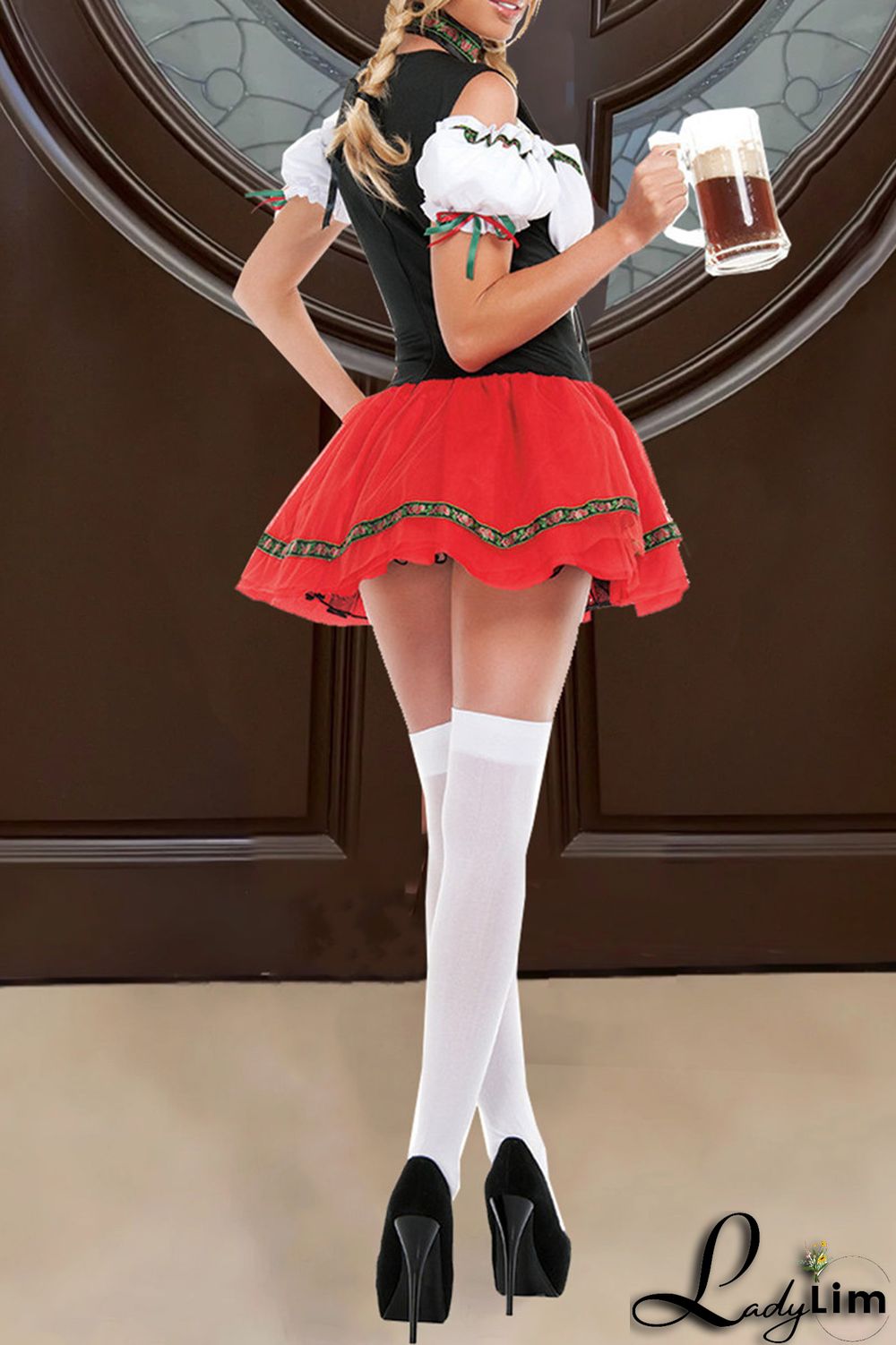 Black Red Halloween Fashion Party Patchwork Frenulum Square Collar Short Sleeve Dress