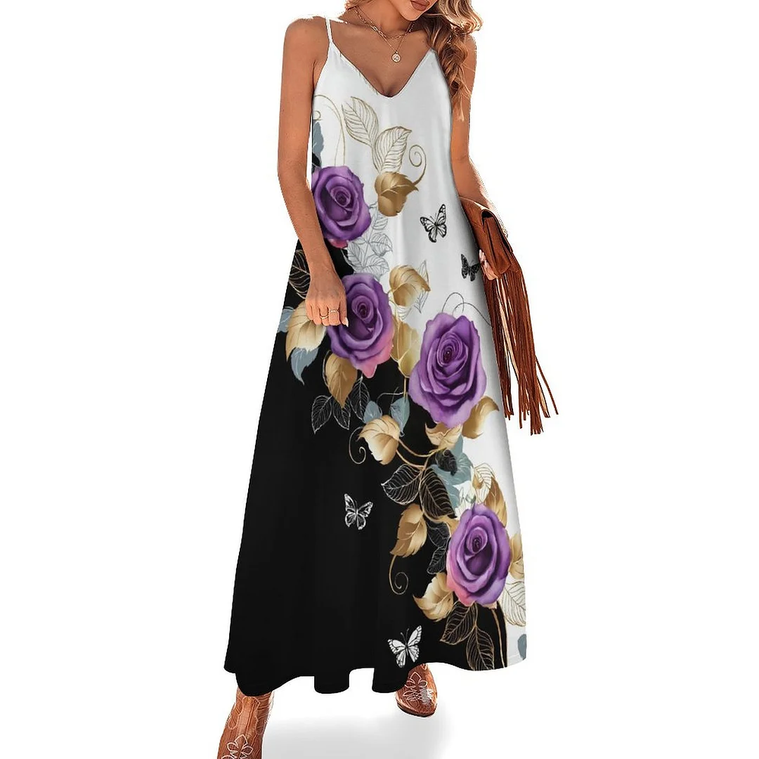 Style & Comfort for Mature Women Plus Size Printed Sling Casual Women Maxi Dress in Pattern Rose, Floral, Purple