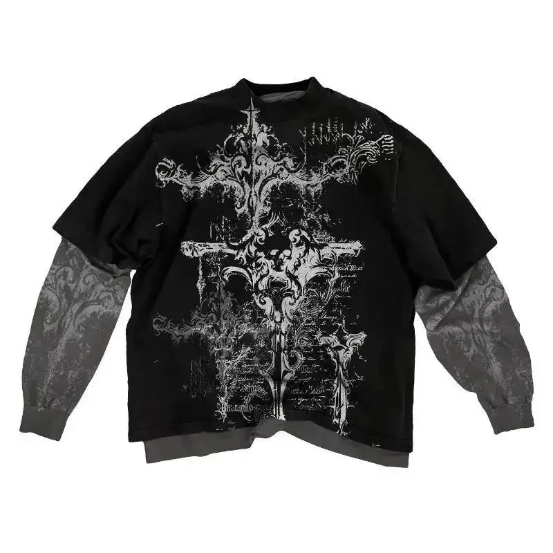 Aonga Y2K New Fake Two Piece T-shirt American Retro Round Neck Long Sleeve Couple's Street Hip Hop Harajuku Gothic Casual Loose Tops aonga