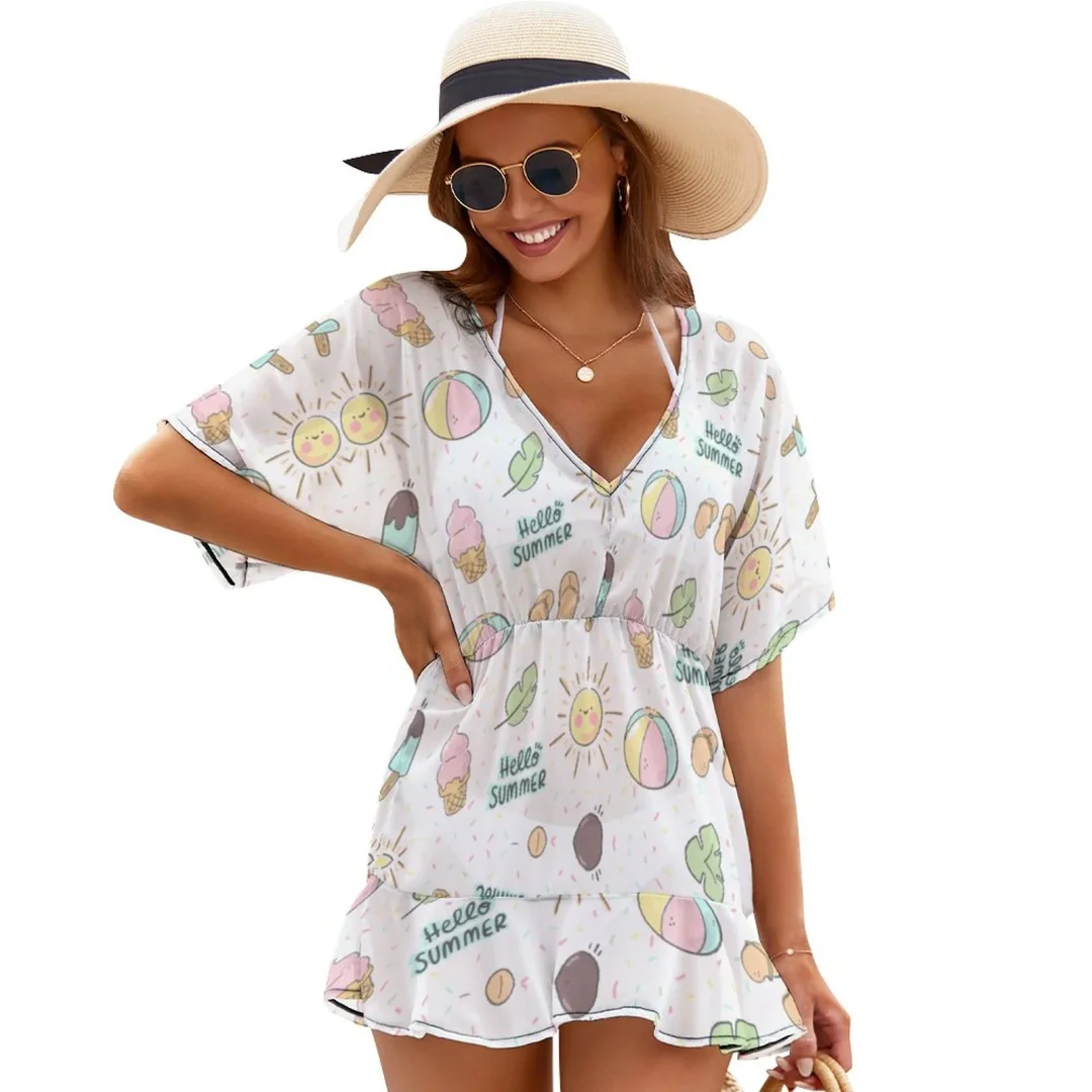 Hello Summer Ice Cream Pattern Summer Beach Chiffon Mini Cover Up Dress