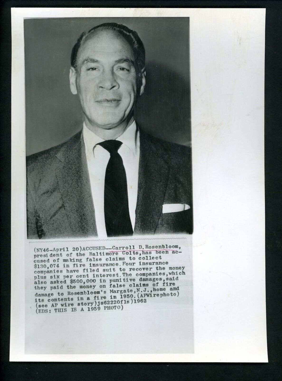 Carroll Rosenbloom accused of insurance fraud 1962 Press Photo Poster painting Baltimore Colts