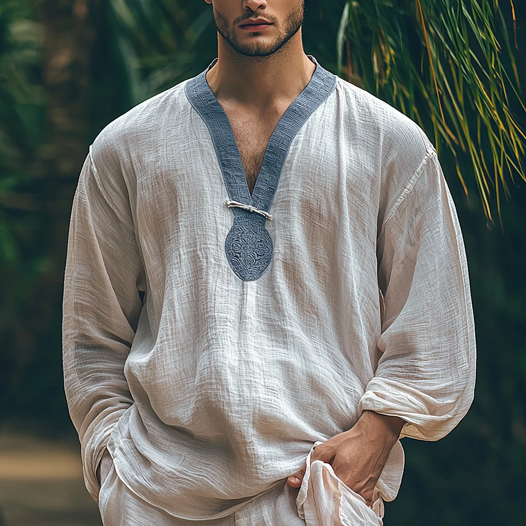 Men's Holiday Ethnic Lightweight Casual Long Sleeve Linen Shirt-inspireuse