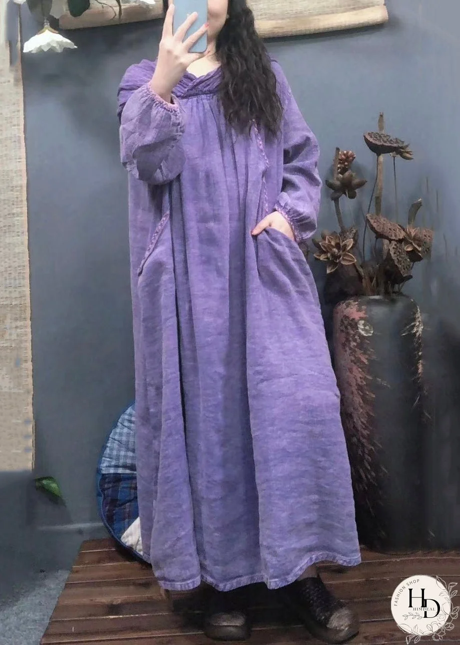Vintage Purple Hooded Pockets Solid Linen Long Dress Spring