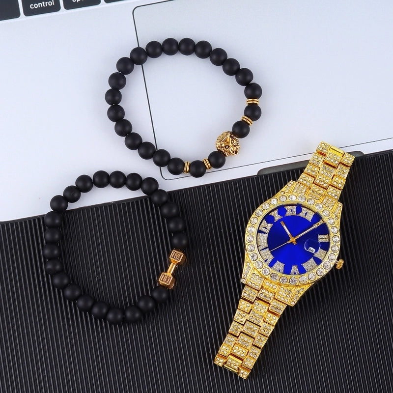 Light Luxury Men's Business Rhinestone Calendar Watch, Colored Noodles And Bracelet Lion's Head 3 Pieces
