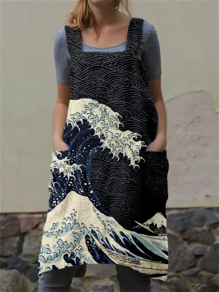 Japanese Wave Inspired Patch Pocket Cross Back Apron