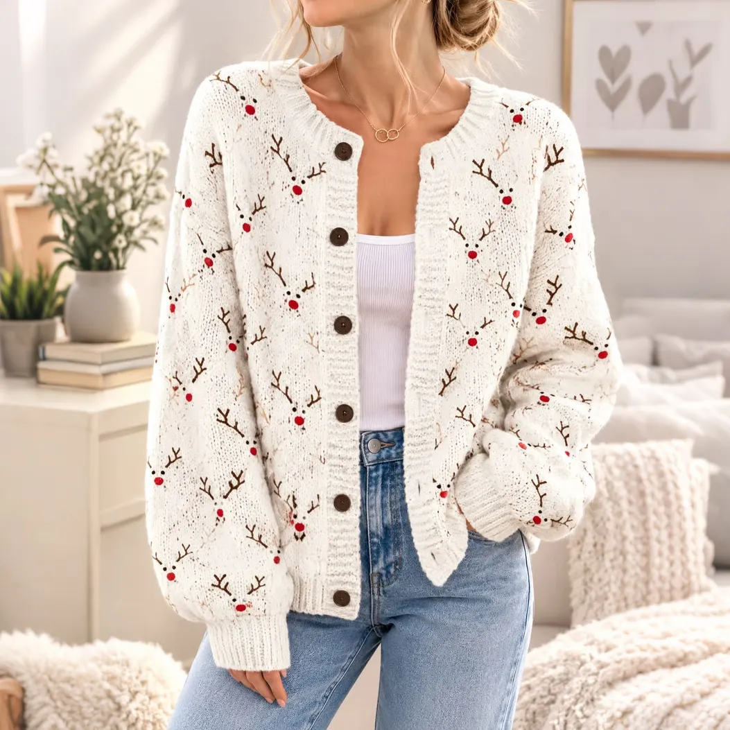 Comstylish Women's Vintage-style Reindeer Face Jacquard Knit Cardigan