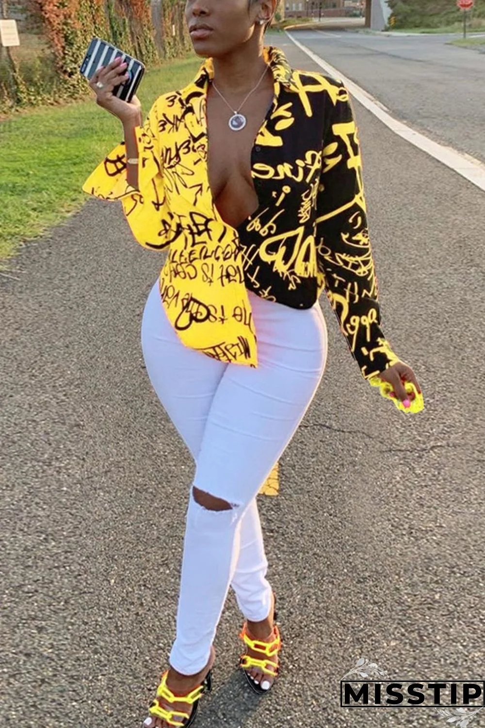 Yellow Sexy Graffiti Print Long Sleeve V-Neck Shirt