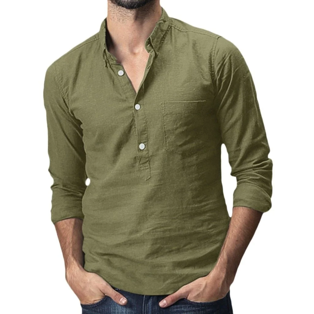 Men's Baggy Cotton Linen Solid Multi-Pocket Short Sleeve Turn-down Collar Shirts Linen