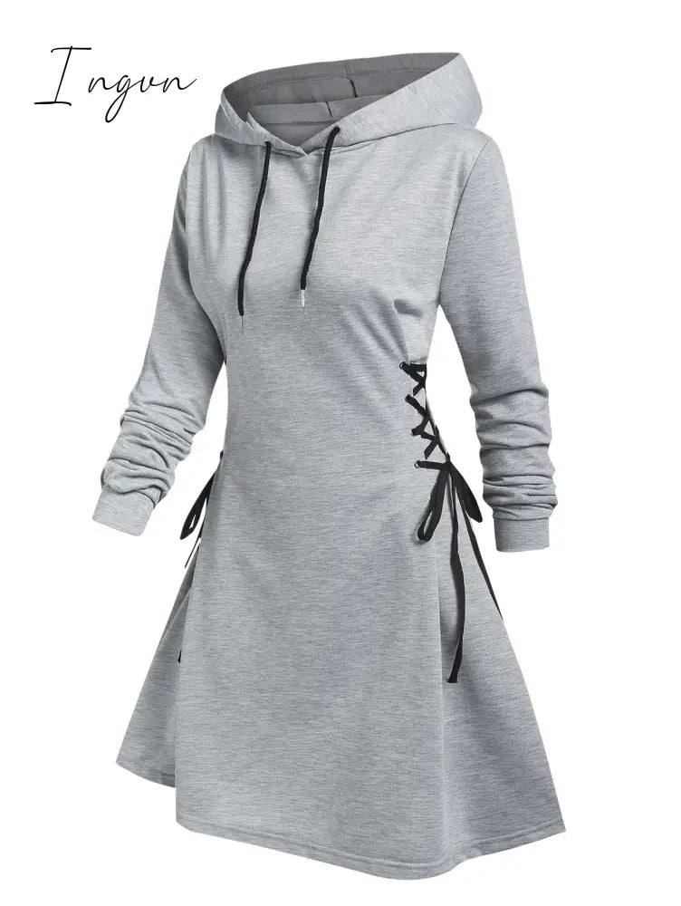 Ingvn - Casual Women Long Sleeve Autumn Dress Drawstring Lace Up Mini Hoodie Vestidos Femme Gothic