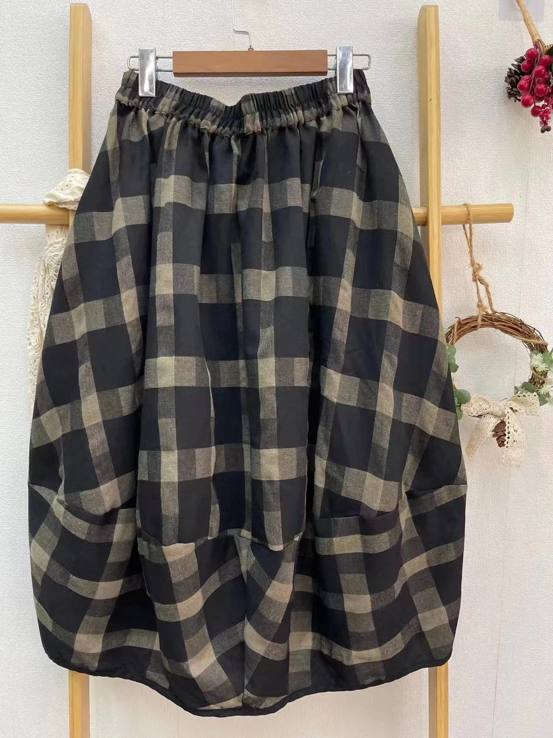 Japanese plaid cotton bract skirt art half skirt