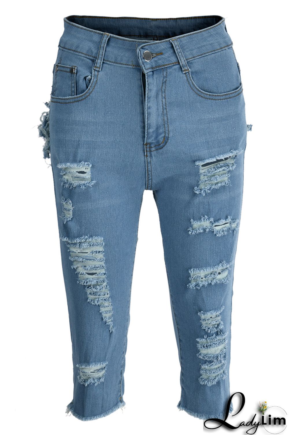 Blue Fashion Casual Solid Ripped High Waist Skinny Denim Shorts