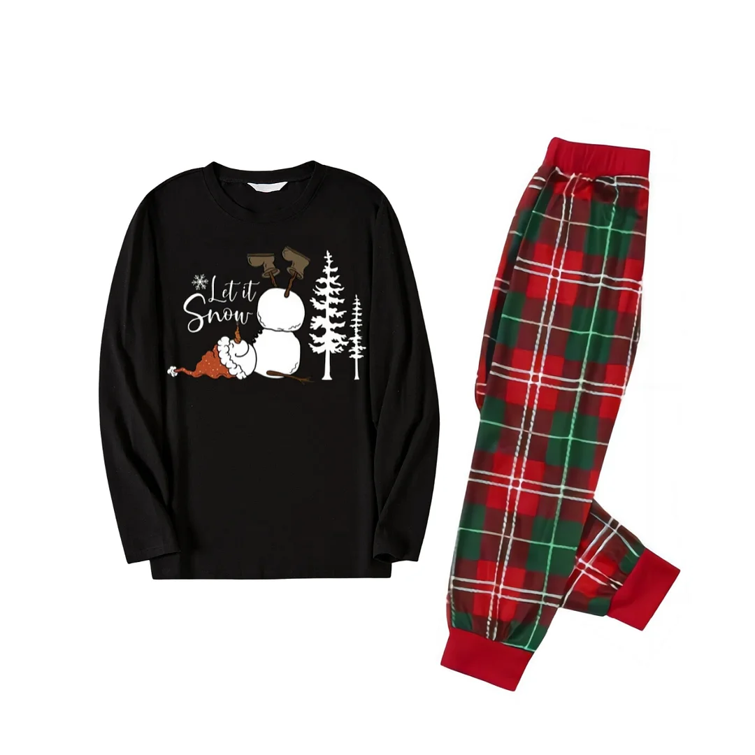 "Let it Snow" Text and Snowman Printed Red and Green Plaid Family Matching Pajamas