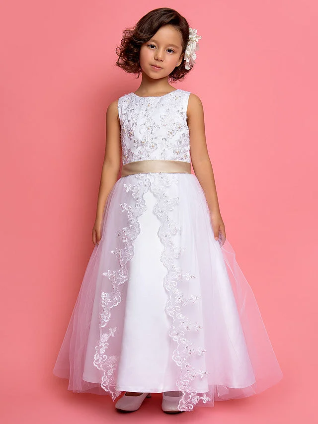 Daisda Sleeveless Jewel Neck Flower Girl Dress Satin Tulle With Lace Pearls Sequins