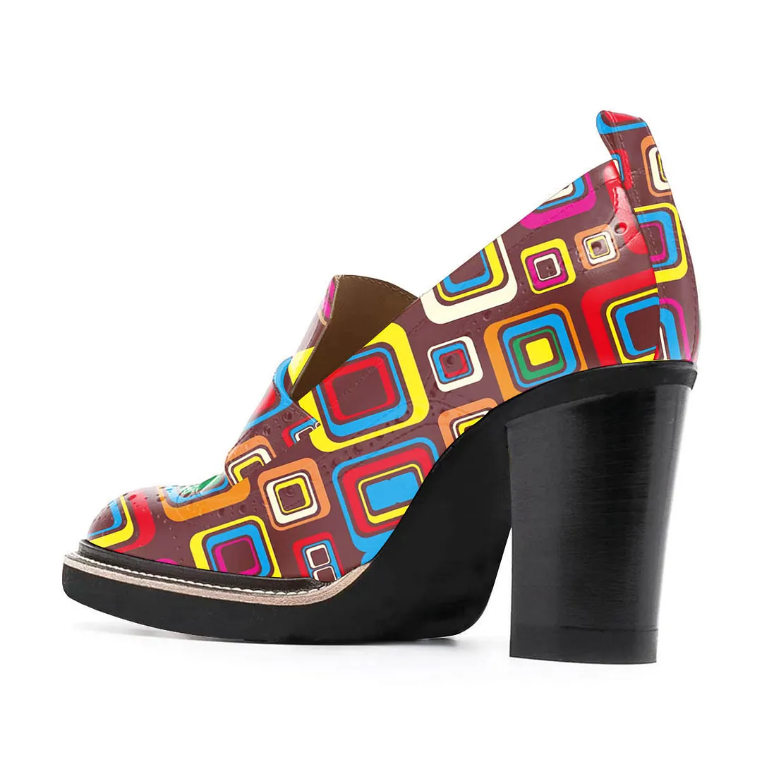 Multicolor Square Print Round Toe Brogue Style Chunky Heeled Loafers