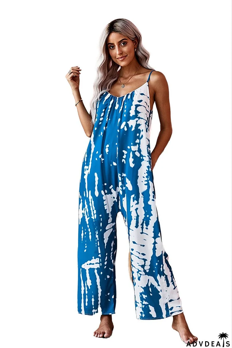 Spaghetti Strap Tie Dye Baggy Long Pants Romper