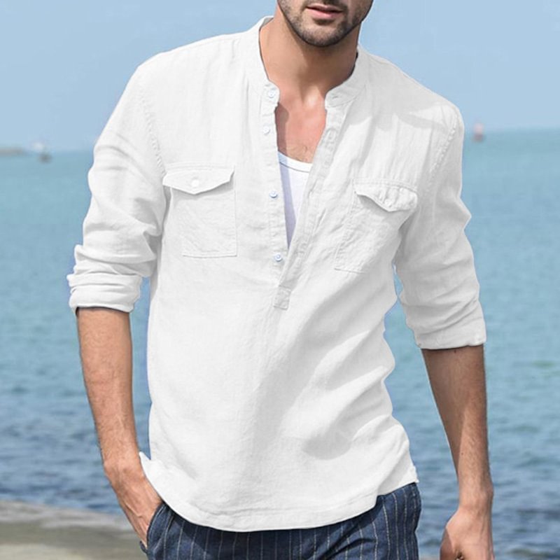 Men‘s Long Sleeve Shirt Cotton Linen Beach Loose Shirt