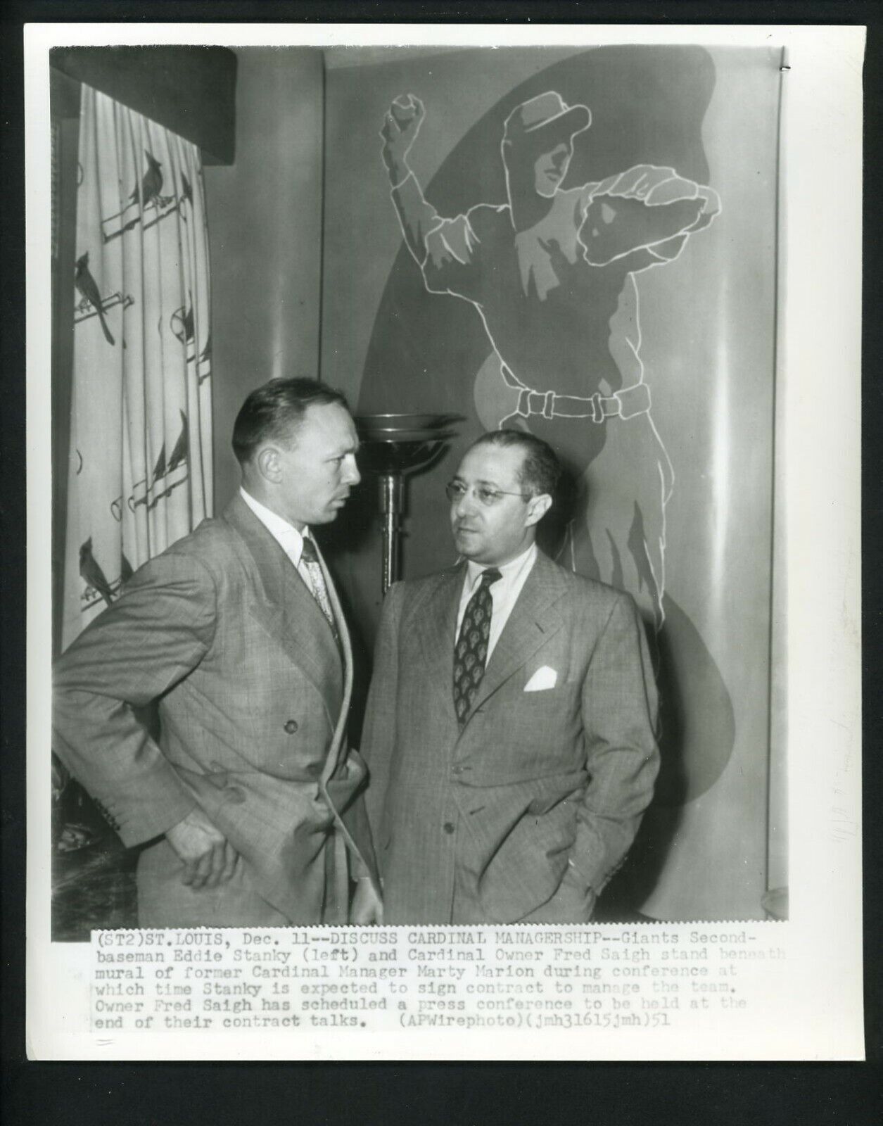 St. Louis Cardinals Owner Fred Saigh & new Manager Eddie Stanky 1951 Press Photo Poster painting