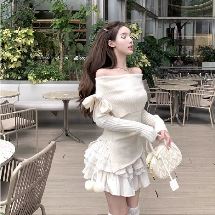 fall outfits women Korean Style Pure White off-Shoulder Long-Sleeved Sweater Women's Autumn Bow off-Shoulder Sweater Slim-Fit Short Top