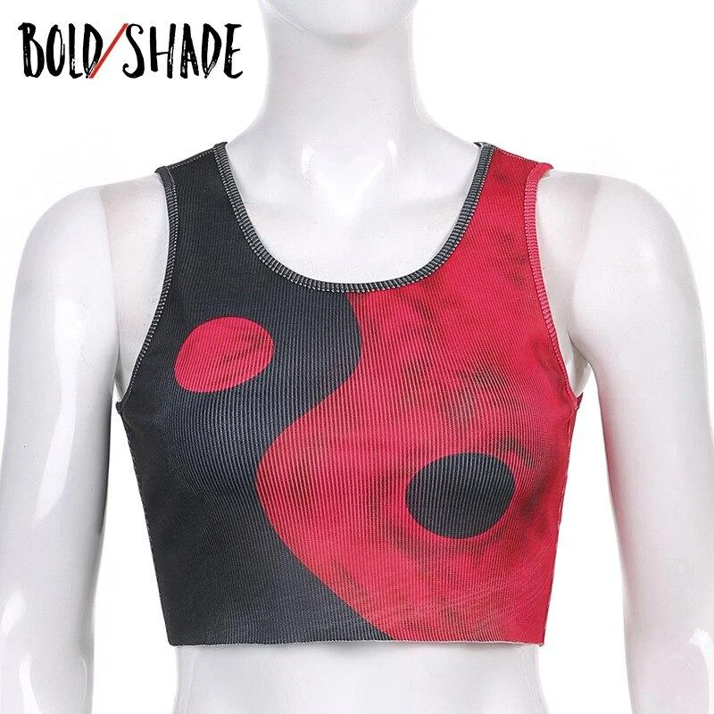 Bold Shade Y2K Indie Fashion Tank Tops Ribbed Print Patchwork Gothic Style Crop Tops Bodycon Women 90s Retro Basic Clothes 2021