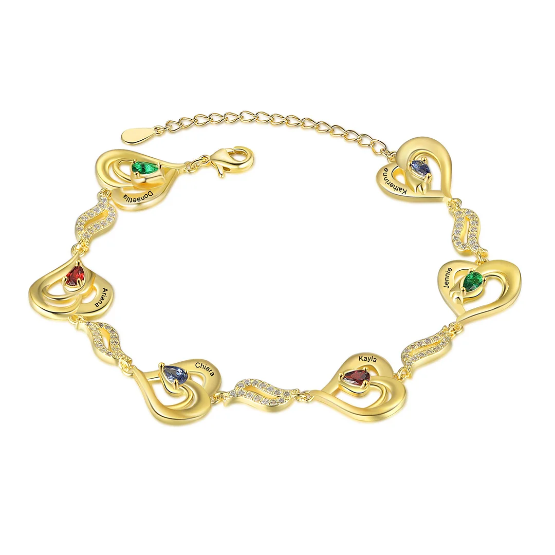 Heart Bracelet in Gold Custom 6 Birthstones and Names Bracelet for Family