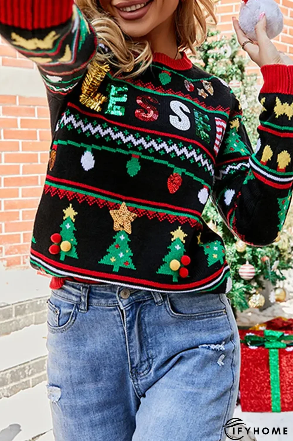 Casual Letter Christmas Tree Printed Sequins Patchwork O Neck Tops | IFYHOME