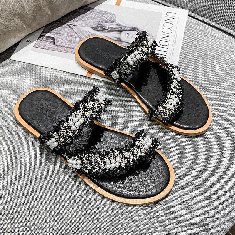 Summer women's sandals 2021 fashion designer outdoor leisure fashion pearl slippers With low shoes for women flat mules41-43size