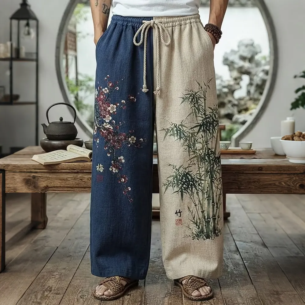 Men's Plum Blossom And Bamboo Graphic Print Casual Pants  artssus