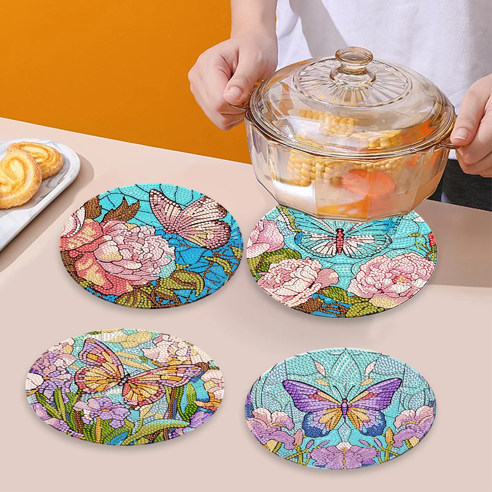 4pcs DIY Flower Butterfly Acrylic Diamond Painted Placemats Eco-Friendly Placemat