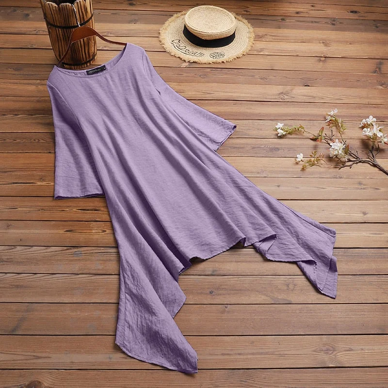 ZANZEA Fashion Autumn O Neck 3/4 Sleeve Long Shirt Women Asymmetrical Blouse Casual Solid Blusas Loose Tunic Tops Oversized