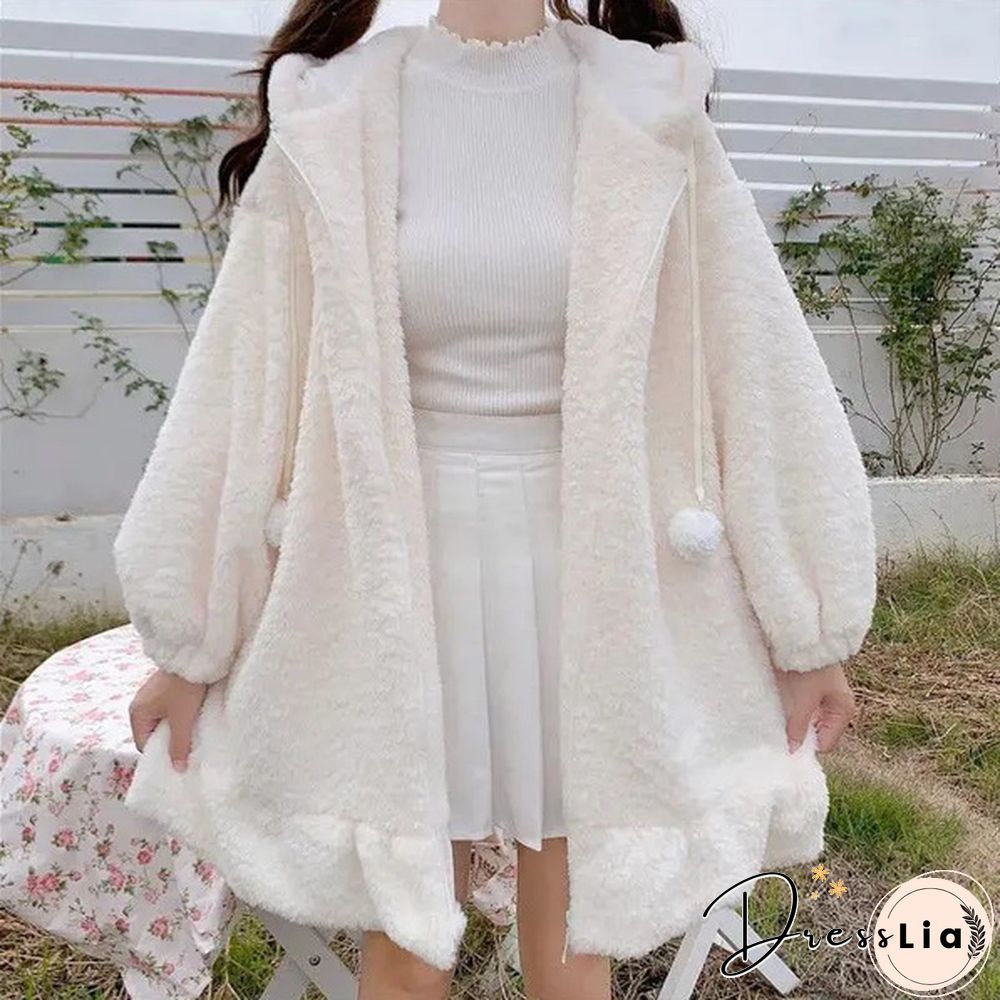 New Women Kawaii Zipper Hooded Coat Rabbit Ears Cute Sweet Girls Harajuku Style Warm Jacket