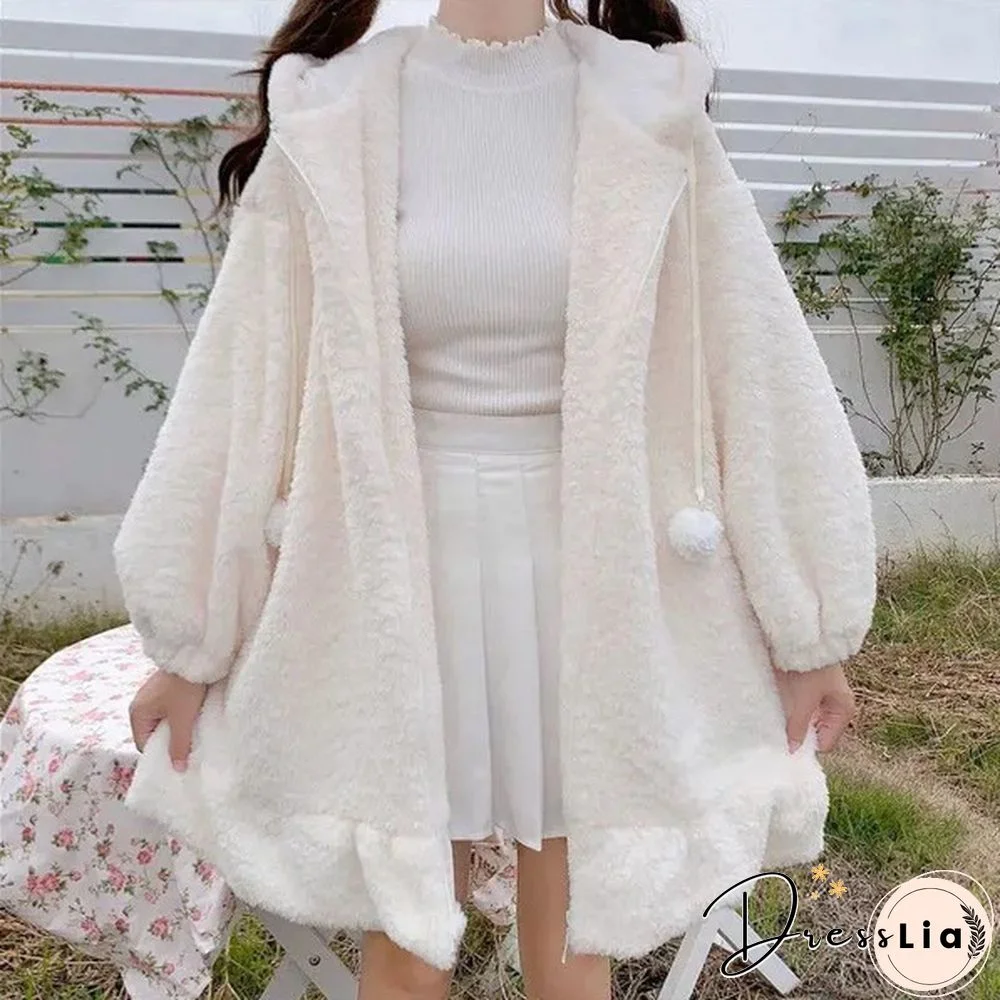 New Women Kawaii Zipper Hooded Coat Rabbit Ears Cute Sweet Girls Harajuku Style Warm Jacket