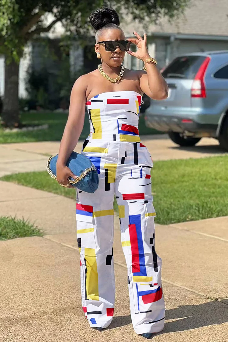 Colorblock Geometric Print Strapless Wide Leg Jumpsuit-White [Pre Order]
