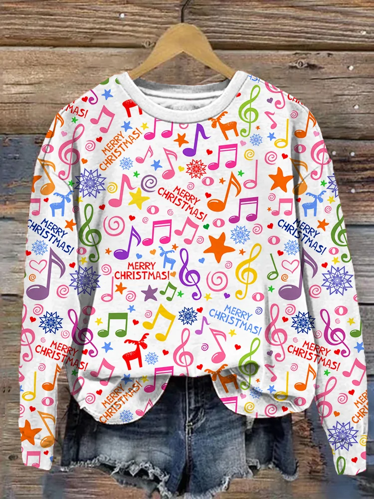 Comstylish Colorful Music Notes Merry Christmas Cozy Sweatshirt
