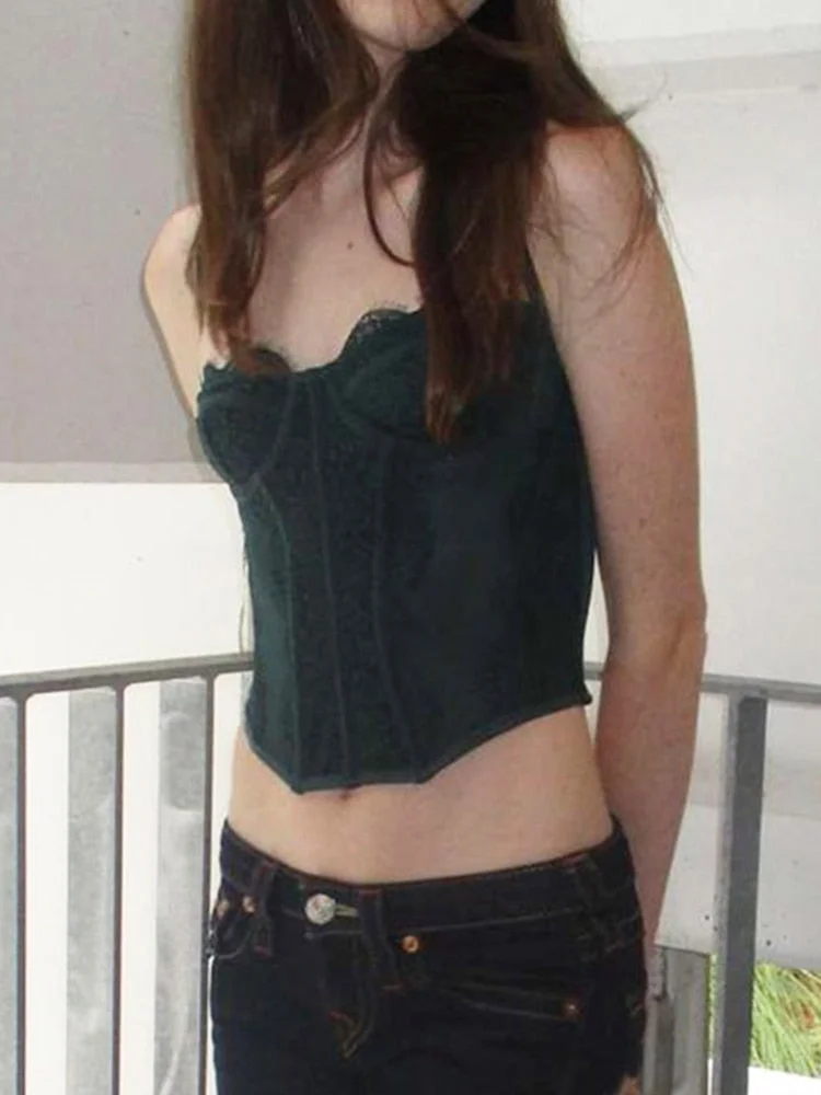 Rapcopter y2k Lace Corset Top Patched Frill Bow Crop Top Vintage See Through Sexy Camis Women Backless Party Beach Mini Vest 90s