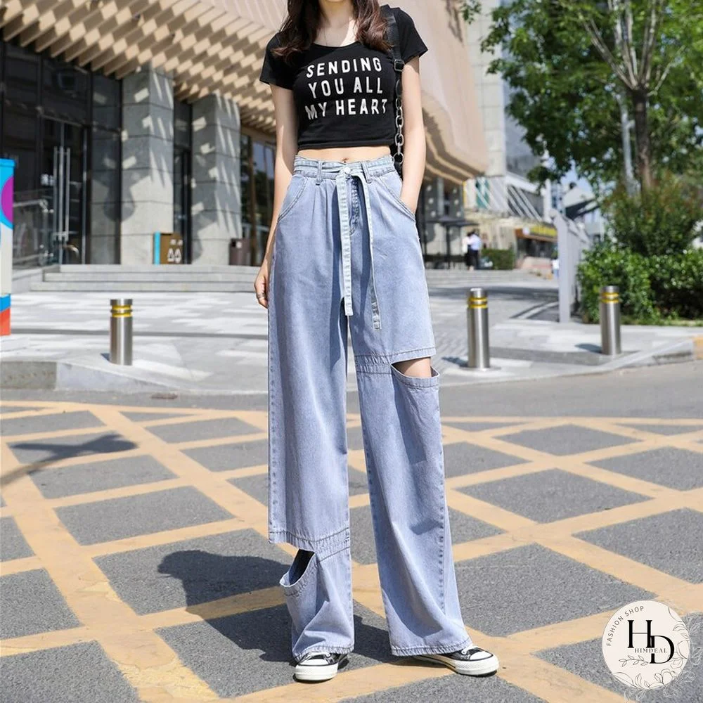 Woman Jeans Ripped Clothes High Waisted Summer Streetwear Baggy Wide Leg Vintage Fashion Stretch Harajuku Straight Pants