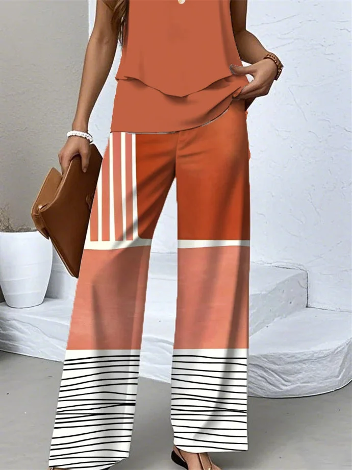 Women's Sleeveless Square Collar Striped Graphic Printed Casual Set