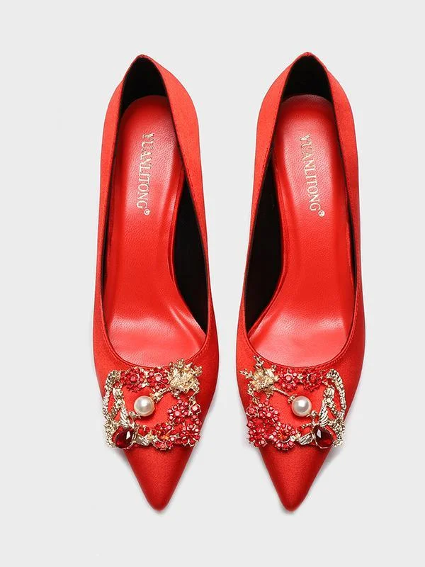 7cm red pointed stiletto high heels with dragon and phoenix rhinestones