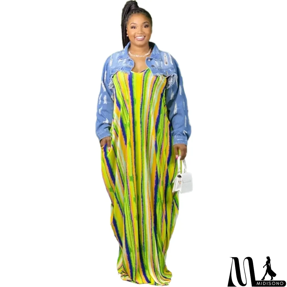 MidiSono - Summer African Colorful Stripes Strap Long Dress