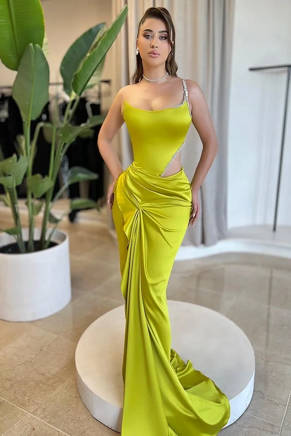  Yellow Sleeveless Spaghetti Straps Square Beadeds Prom Dress With Pleated - ohprom