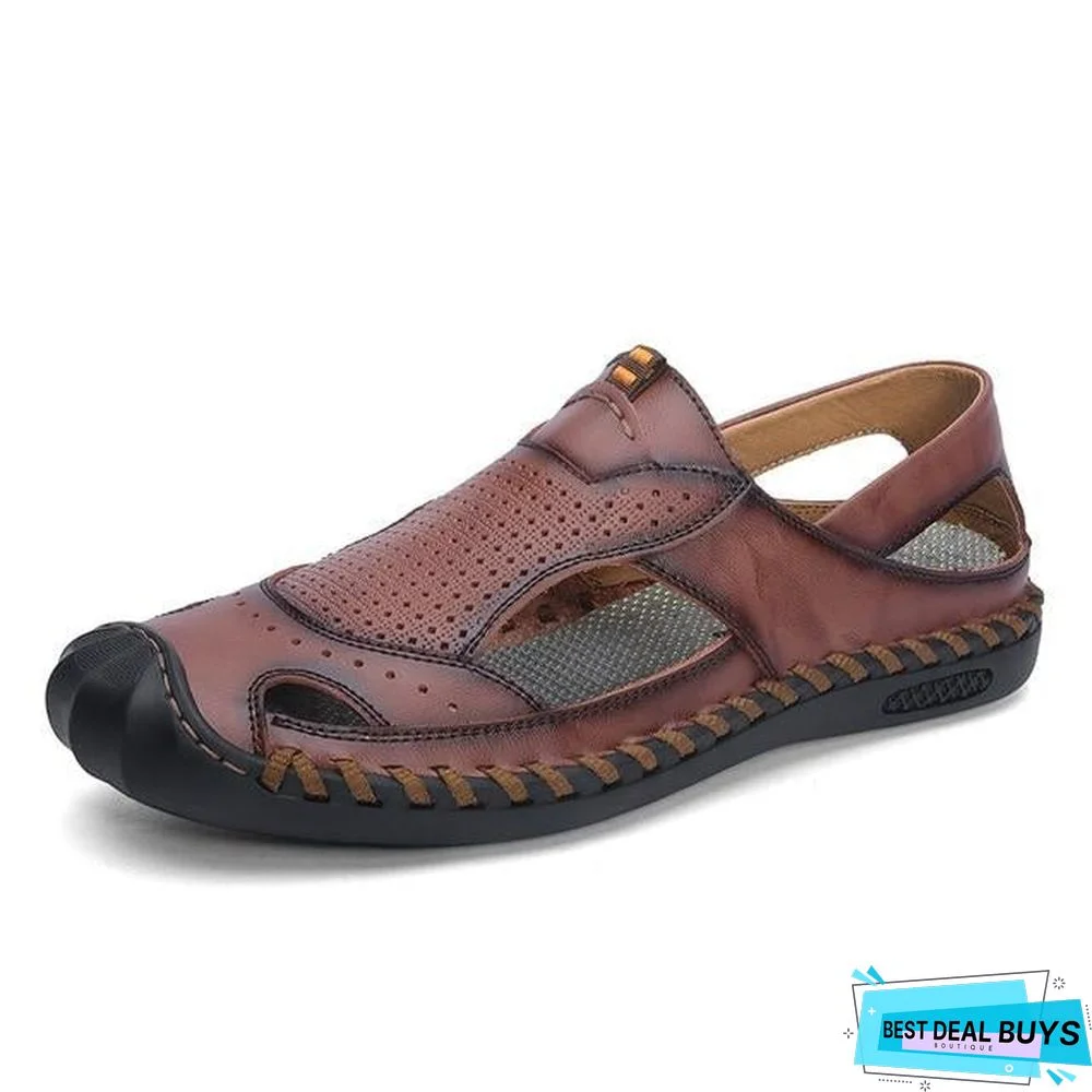 Men's Cow Leather Sandals Summer Beach Flat Non-Slip Sandals