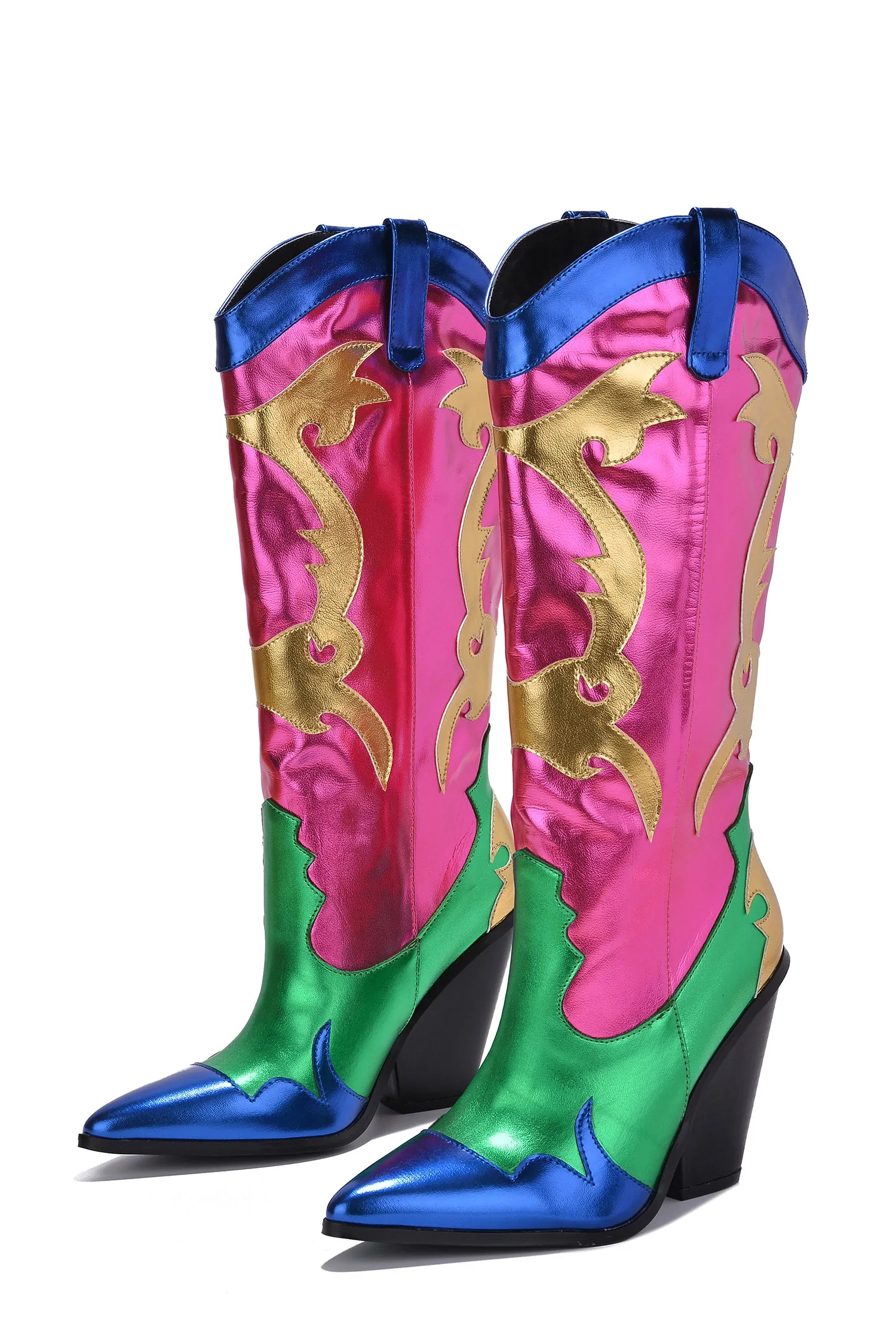 Western Chunky Heel Cowboy Shoes Large  Halloween Womens Ethnic Patchwork Pointed Toe Mid-Calf Boots Fire Shape Chelsea