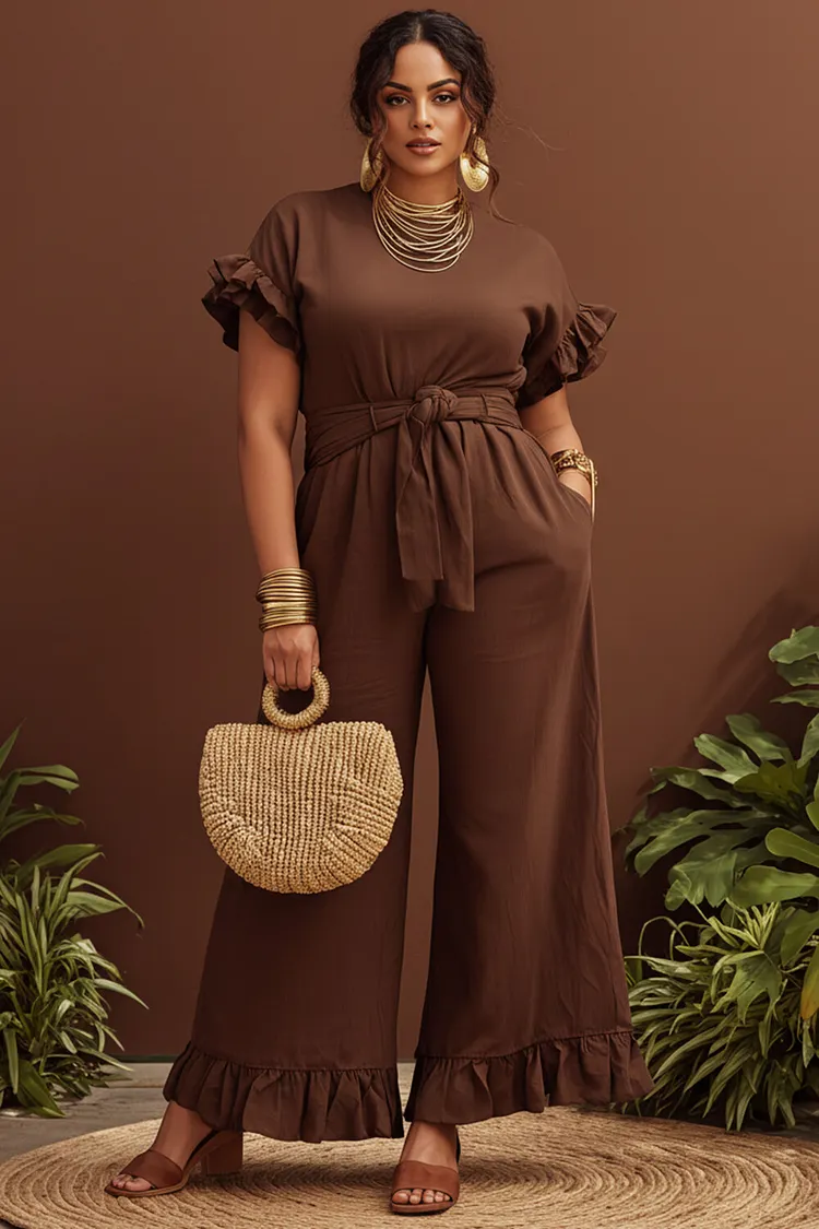 Xpluswear Design Plus Size Vacation Brown Round Neck Short Sleeve Pocket Wrap Jumpsuits [Pre-Order] 2024 - Xpluswear