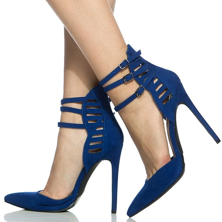 Navy Ankle Strap Heels Pointy Toe Stiletto Heels Pumps For Women |FSJ Shoes